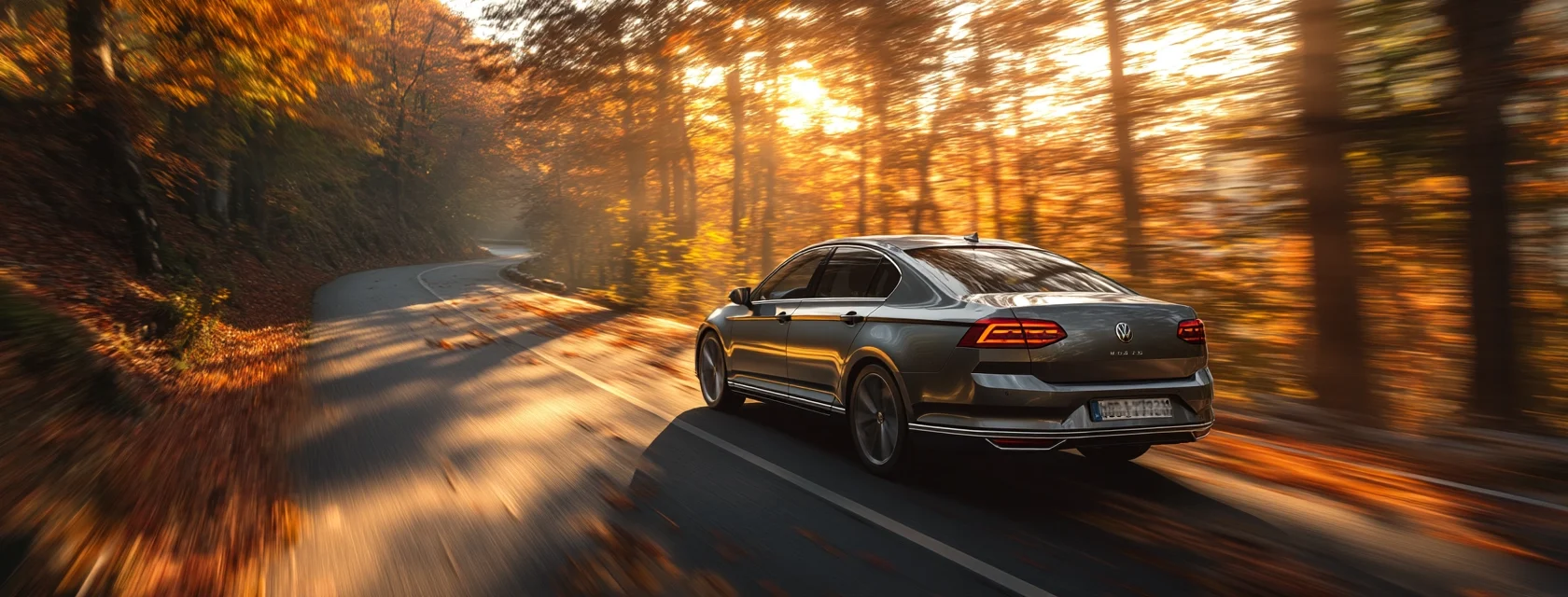 A sleek Volkswagen Passat driving on a winding